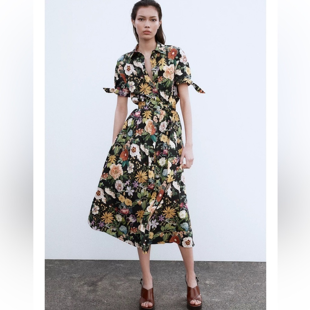 Zara floral print poplin midi dress